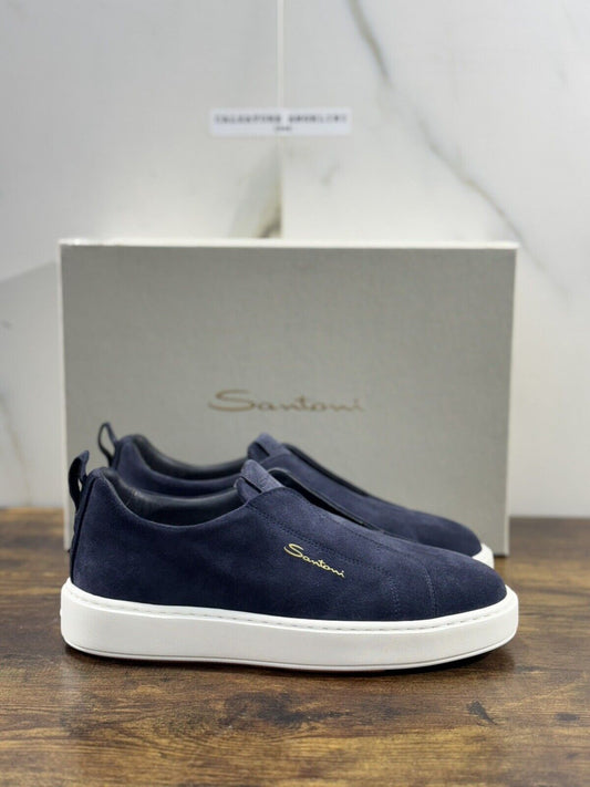 Santoni Sneaker Uomo Slip On  Pelle Blu Suede   Luxury Men Santoni Shoes Icon 39