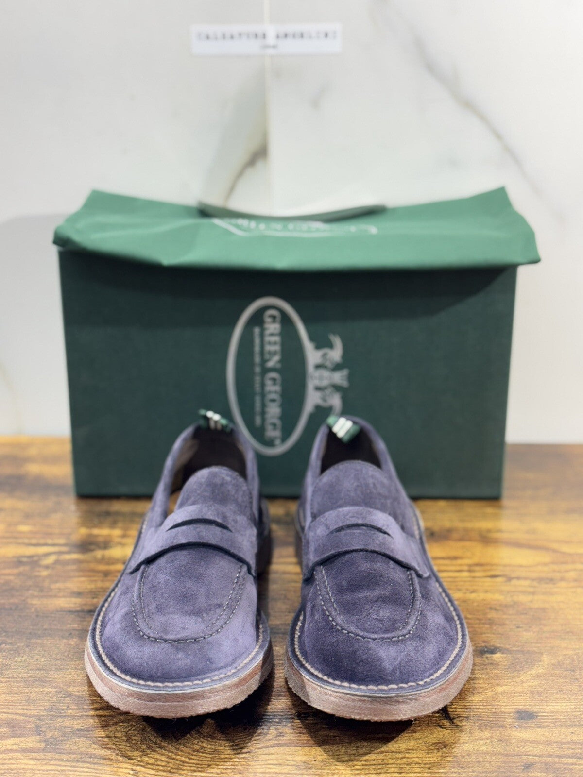 Green George Mocassino Uomo  Suede Blu    Luxury Handmade Men 40.5