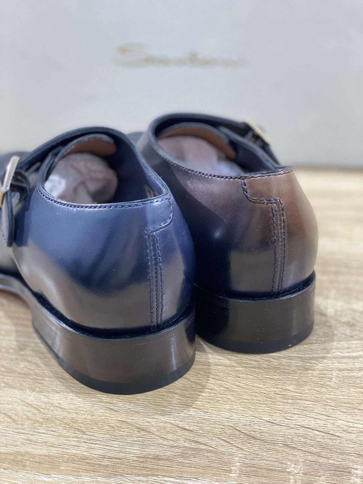Santoni Doppia Fibbia Uomo In Pelle Blu Bicolor Lux Goodyear Double Buckle 41