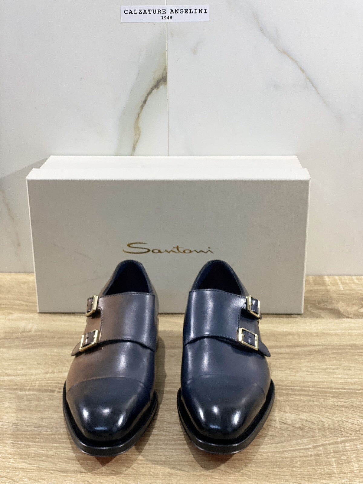 Santoni Doppia Fibbia Uomo In Pelle Blu Bicolor Lux Goodyear Double Buckle 39