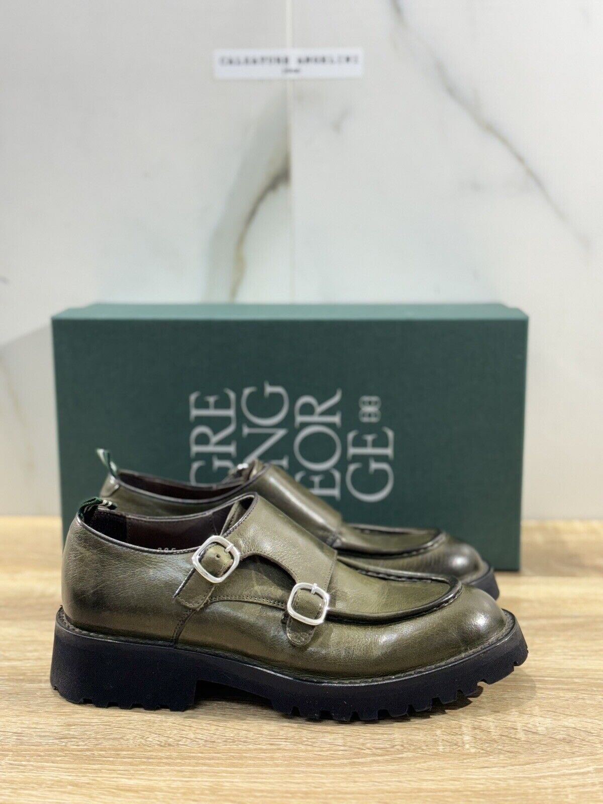 Green George Mocassino Donna Doppia Fibbia  Pelle Verdone Luxury Handmade 38