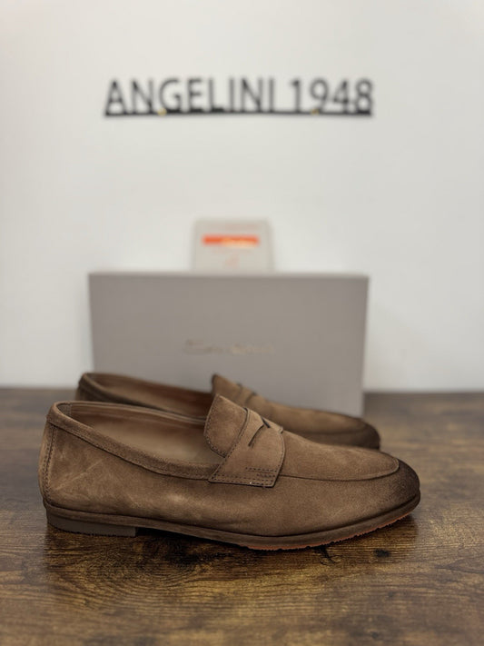 Santoni Mocassino Driver Pelle Suede Marrone  Luxury Scarpa Santoni Uomo 45.5