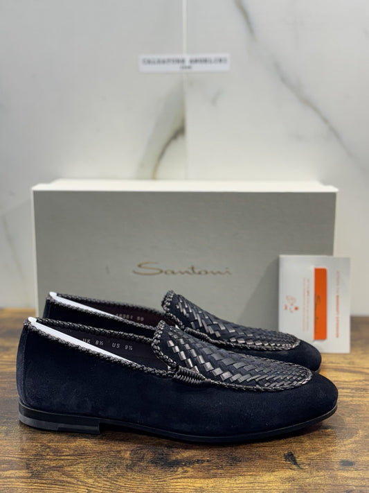 Santoni Mocassino Intrecciato Blu Suede Pelle Luxury Men  Goodyear  Uomo 42.5