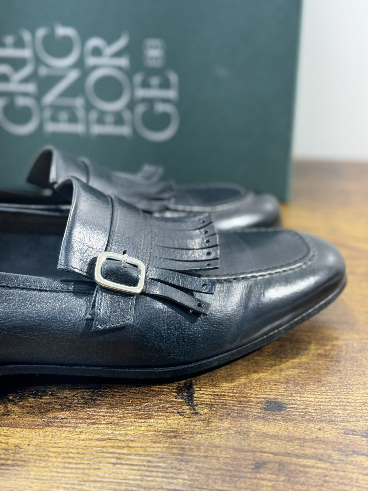 Green George Scarpa Uomo Mocassino   Pelle Blu    Luxury Handmade 41.5