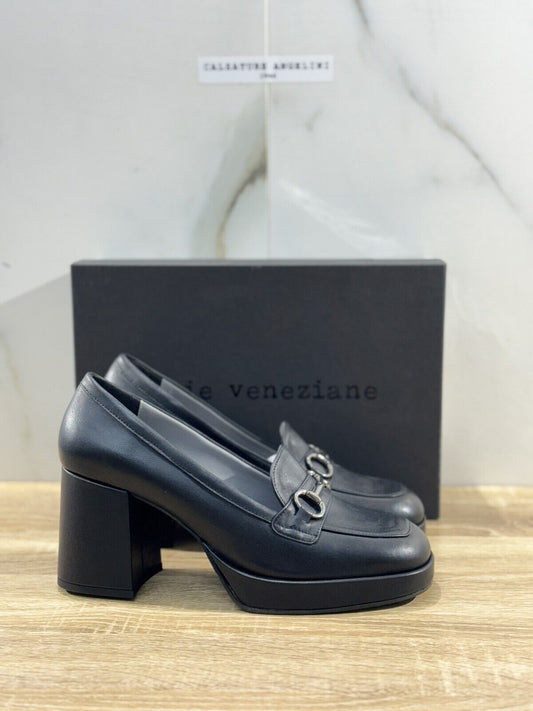 Poesie Veneziane Mocassino Donna Pelle Nero Con Tacco Made In Italy 40