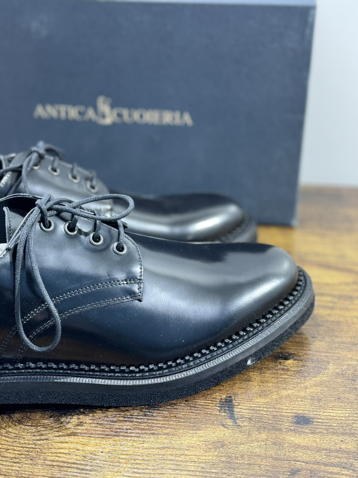 Antica Cuoieria Derby Uomo Pelle Nera Fondo Gomma Causal Men Shoe 45