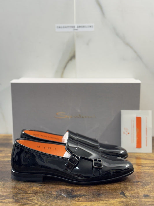 Santoni Doppia Fibbia Vernice Nero   Luxury Santoni Scarpa Uomo 40