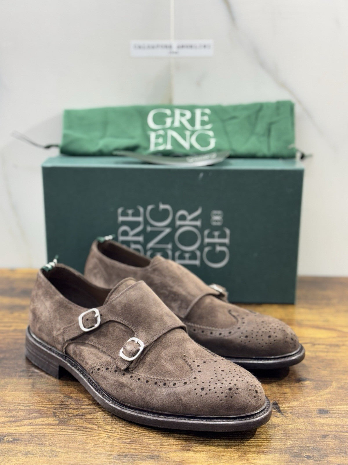 Green George Scarpa Uomo Doppia Fibbia Suede Brown    Luxury Handmade 42.5