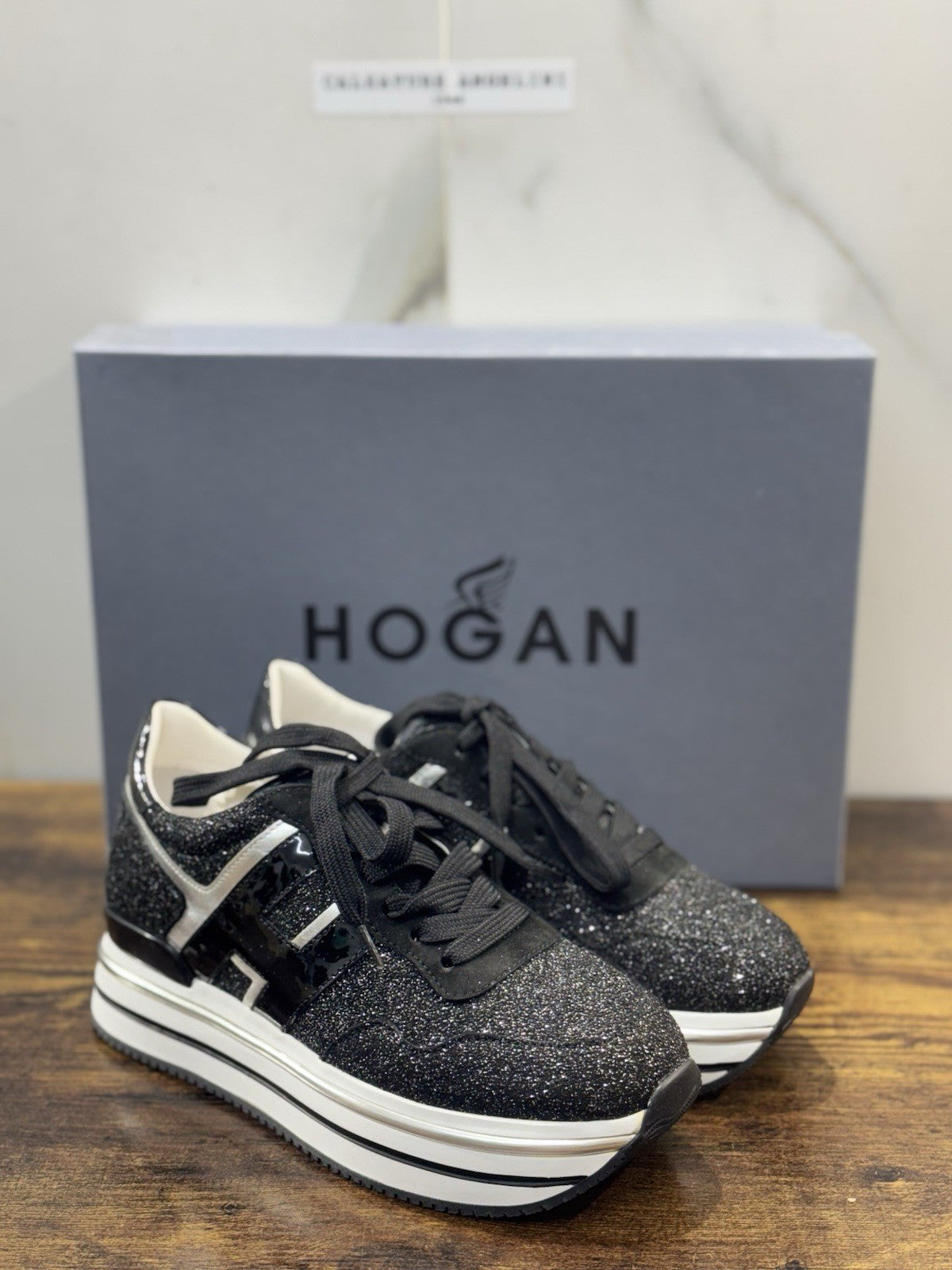 Hogan H468  Sneaker Pelle Nera Glitter  Casual Hogan Donna 35