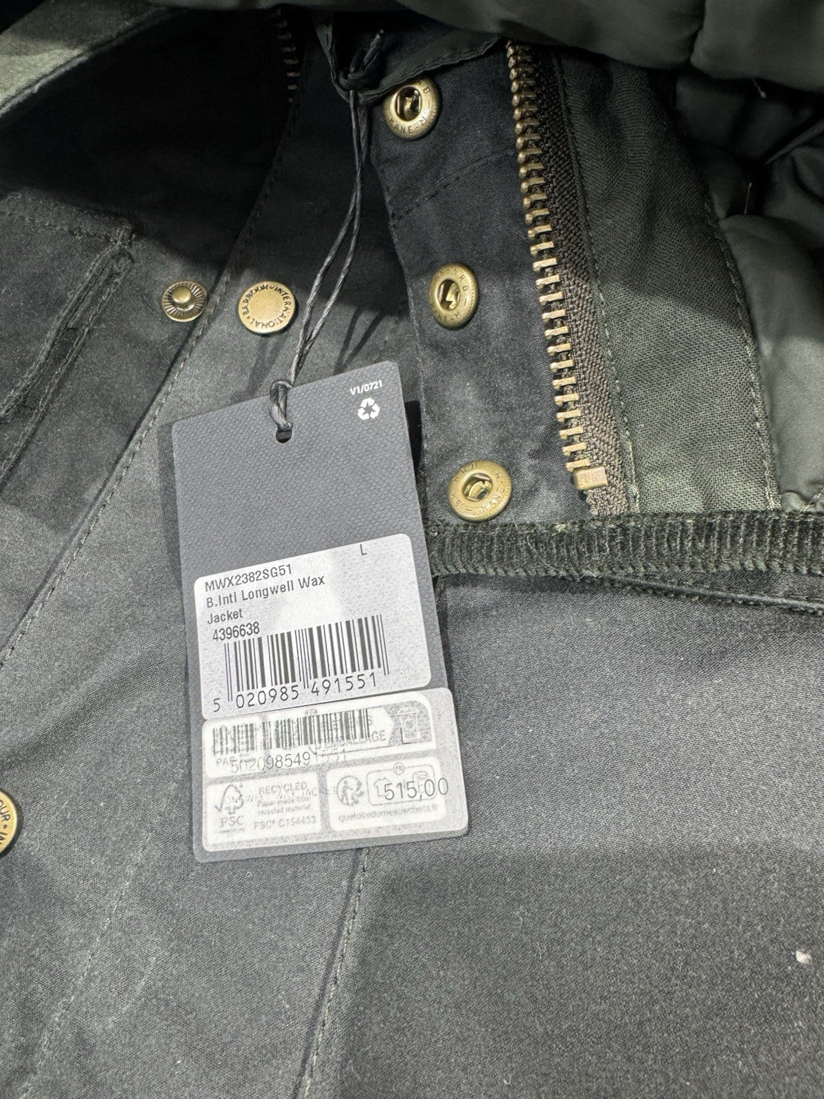 Barbour International Giacca Cerata Longwell Verdone Casual Uomo L