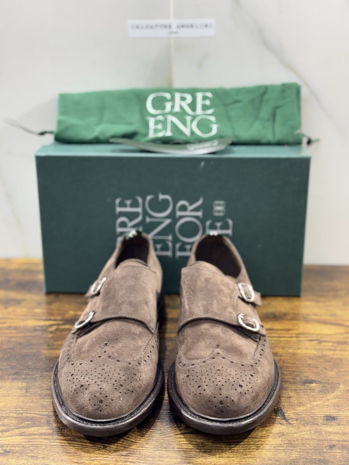Green George Scarpa Uomo Doppia Fibbia Suede Brown    Luxury Handmade 42.5