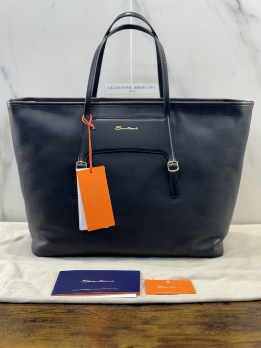 Borsa Santoni Donna Maxy Shopping In Pelle Nera Luxury Woman Bag Santoni 