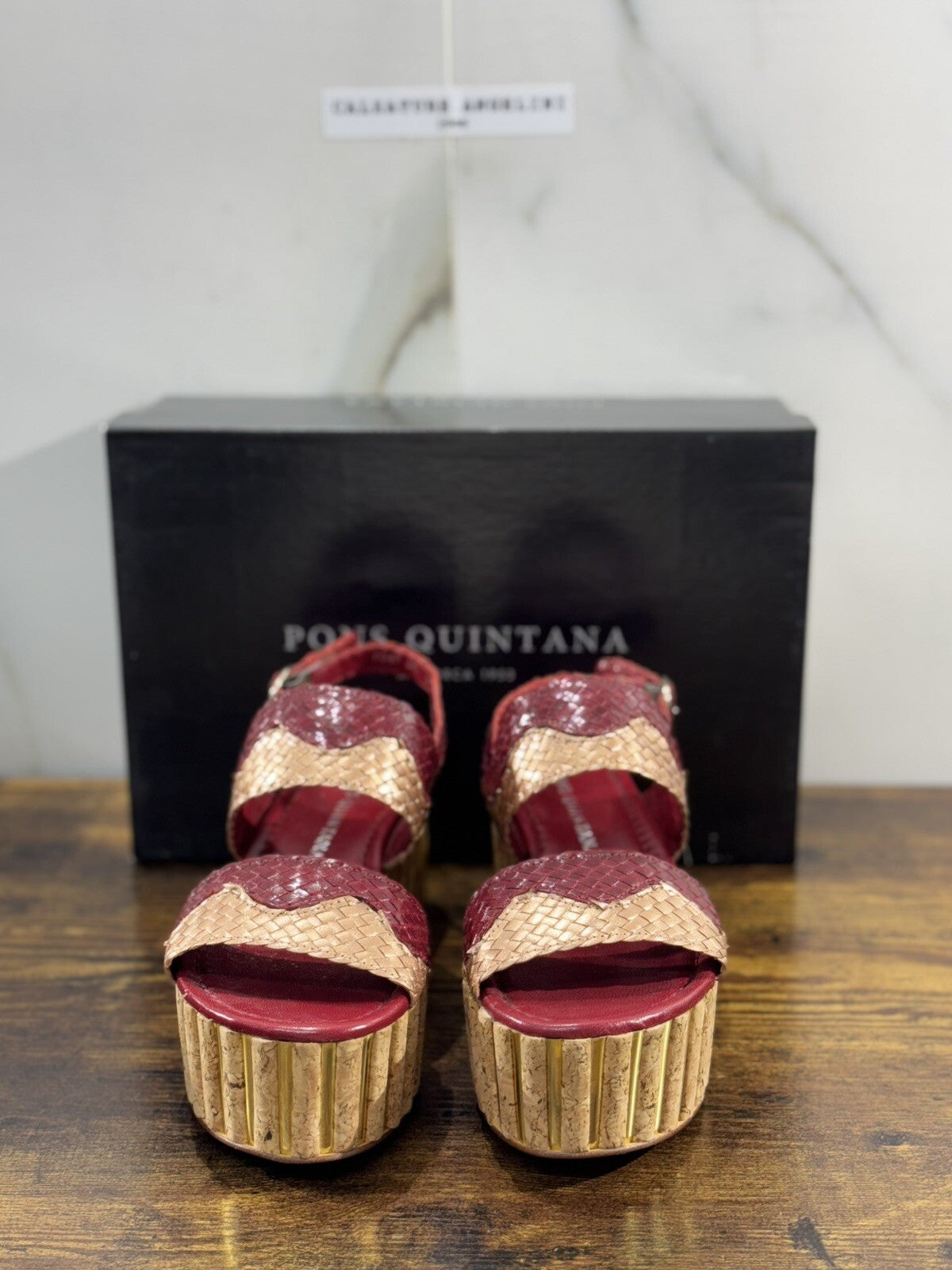 Pons Quintana Sandalo Donna     Pelle Bordo’   Handmade Con Zeppa   36