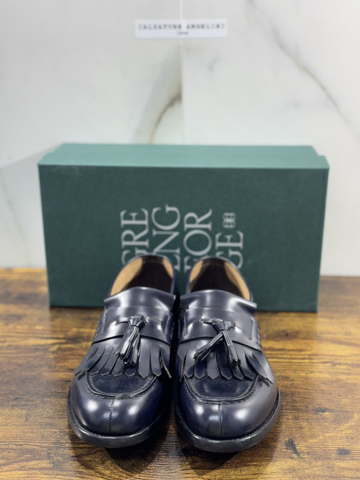 Green George Scarpa Uomo Mocassino  Nappine Pelle Blu    Luxury Handmade 42