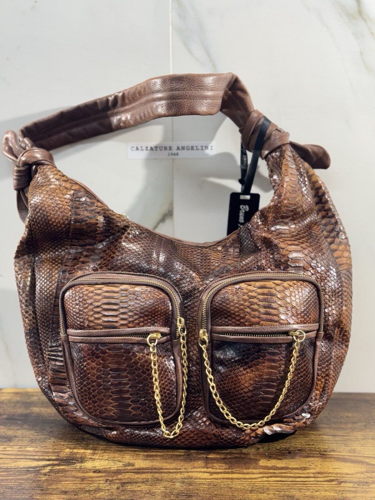 Bruno Amaranti Borsa Donna In Vero Pitone Luxury Craftmanship Bag Woman Marrone 