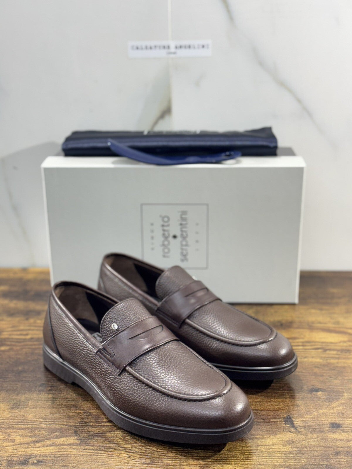 Roberto Serpentini Scarpa Uomo Mocassino Pelle Marrone  Luxury Handmade 42