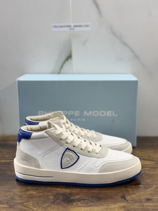 Philippe Model Nice Mid Men Sneaker Uomo Pelle E Suede Blu Bianco 45
