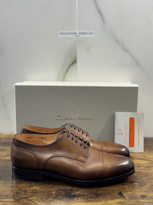 Santoni Stringata Pelle Cuoio Goodyear  Luxury Men Shoes Santoni Uomo 41.5