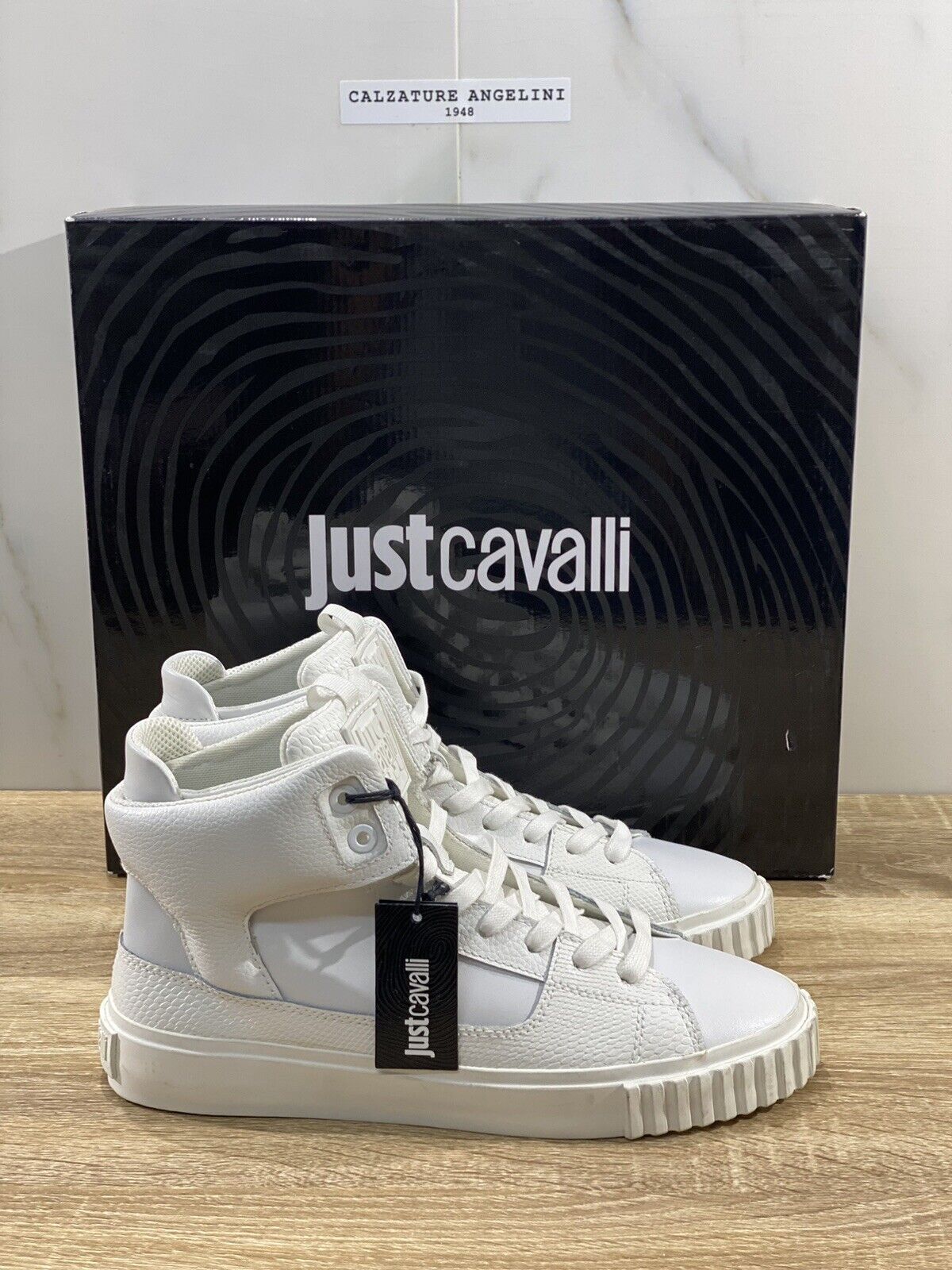 Just Cavalli Sneaker Uomo High Top Pelle bianca Casual Shoes Men 41