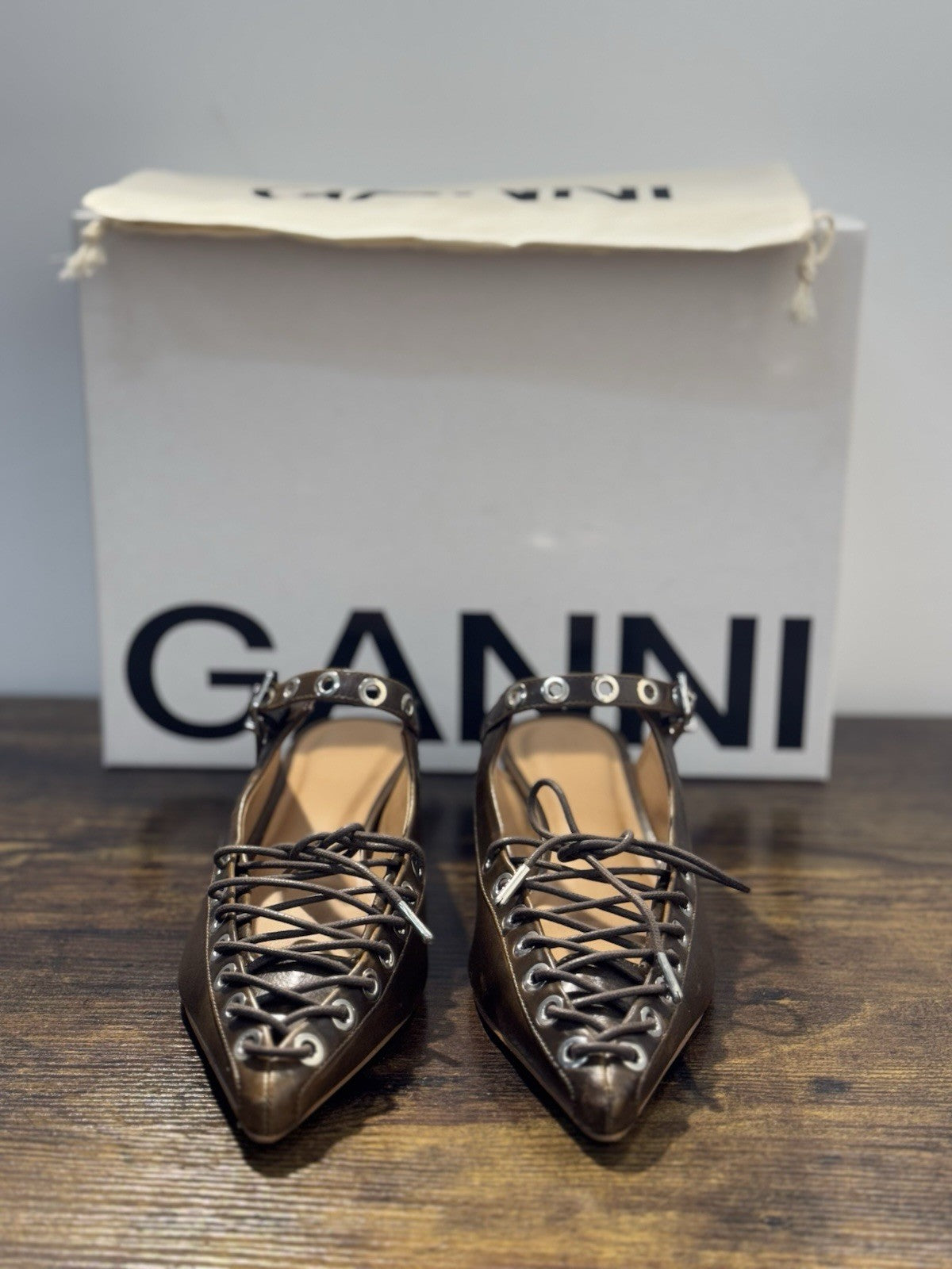 Ganni Mule Lace Up Pelle Marrone Casual Ganni Scarpa Donna 38