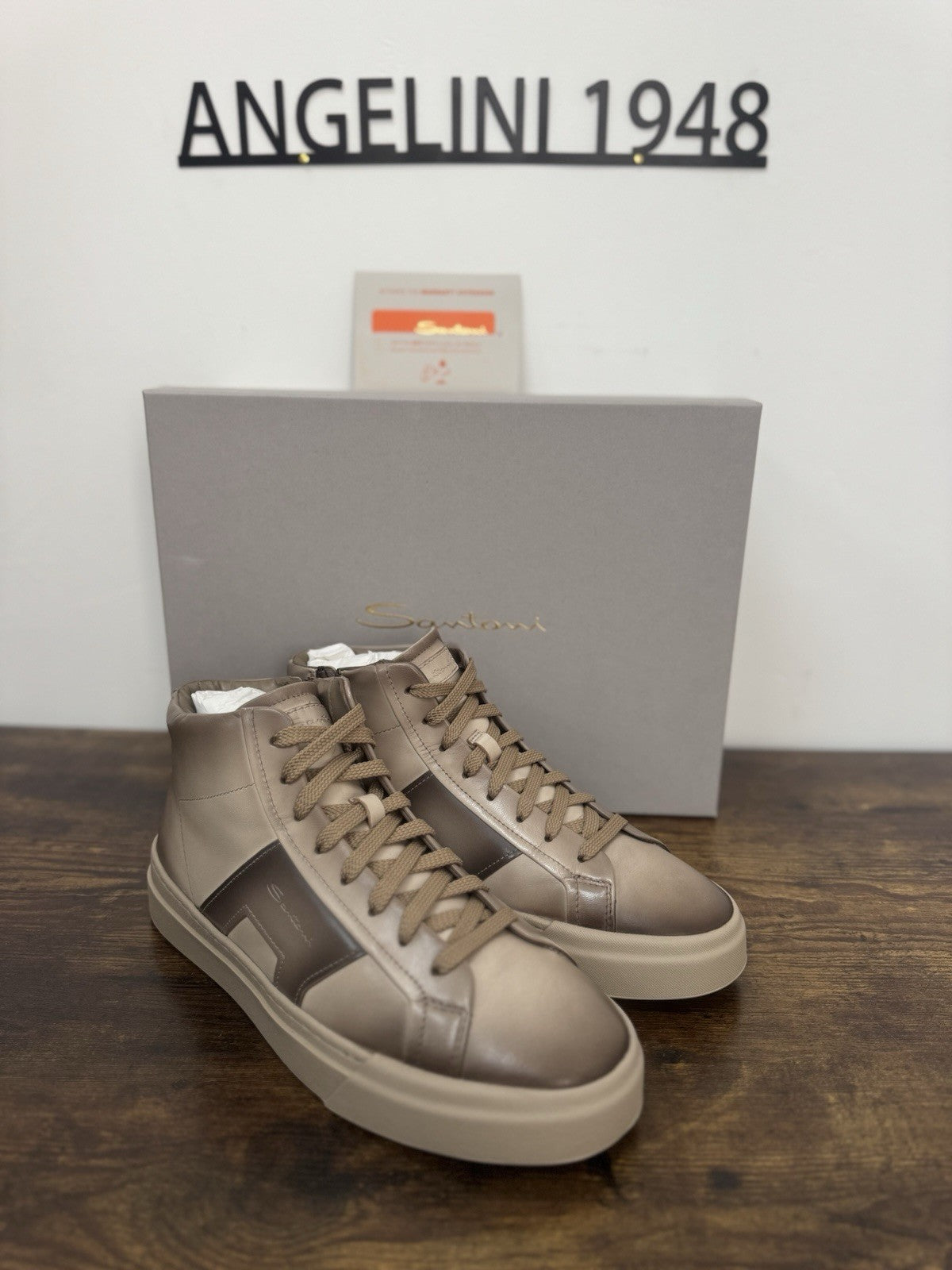 Santoni High Top Sneaker Pelle Super Soft Beige Casual Luxury Uomo 41.5