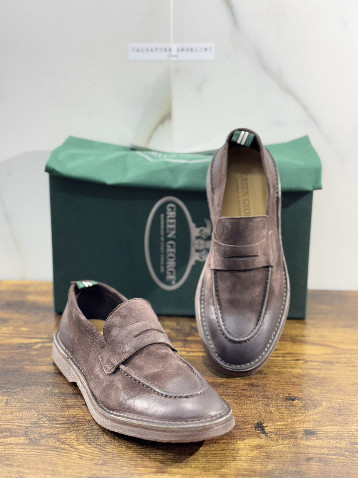 Green George Mocassino Uomo  Suede Testa Moro   Luxury Handmade Men 40.5