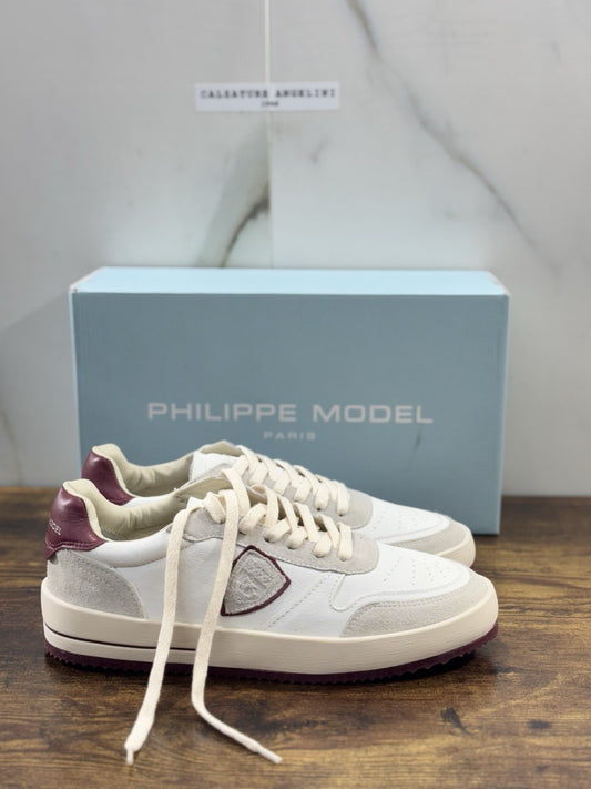 Philippe Model Nice Low Men Sneaker Uomo Pelle E Suede Bianca Bordo’ 40