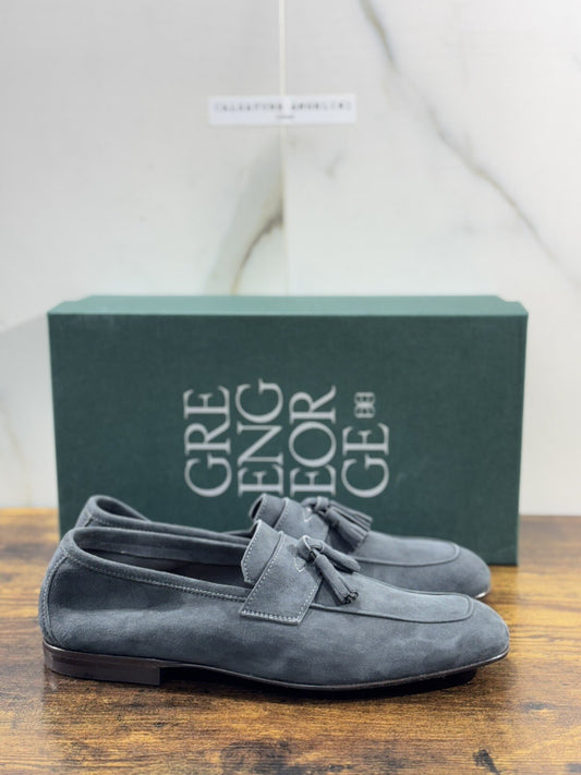 Green George Scarpa Uomo Mocassino Nappe    Pelle Suede Blu   Luxury Handmade 44