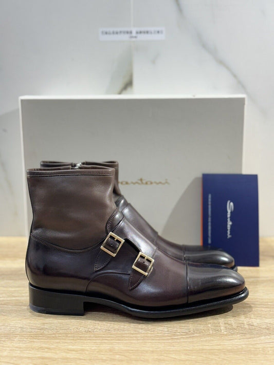 Santoni Doppia Fibbia Uomo Stivaletto Pelle Marrone Luxury Men Boot Santoni 39.5