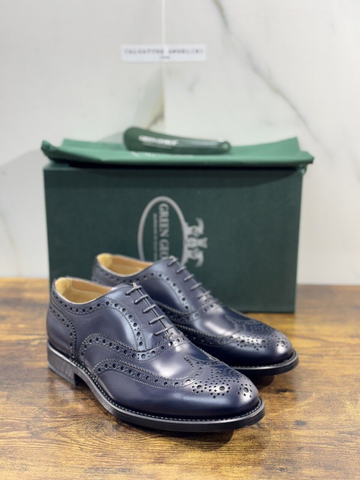 Green George derby   Brogue Blu   Pelle  luxury men  Doppio Cuoio 41