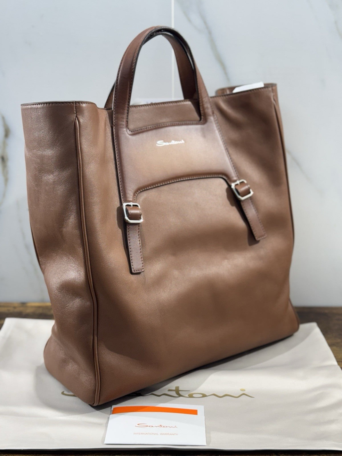 Borsa Santoni Uomo  Double Shopping  In Pelle Cuoio  Luxury Men Bag Santoni