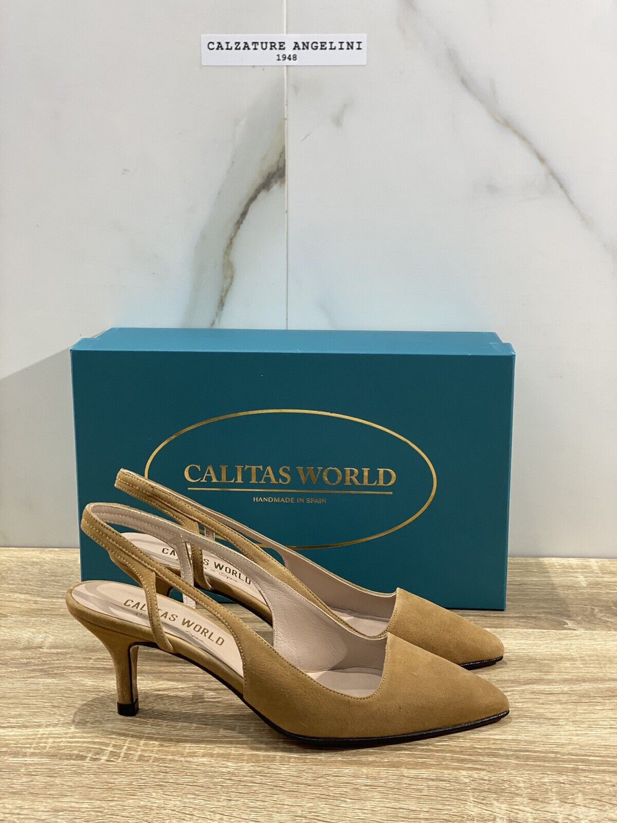 Calitas Scarpa Donna Slingback Kitten In Suede Camel  Fondo Cuoio 40