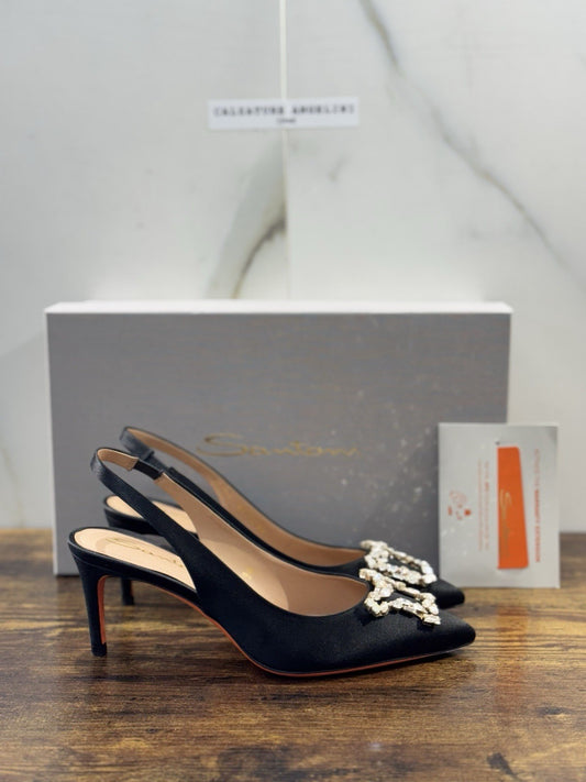 Santoni Sandalo Sling Back Raso Nero Luxury Santoni Scarpe Donna 40