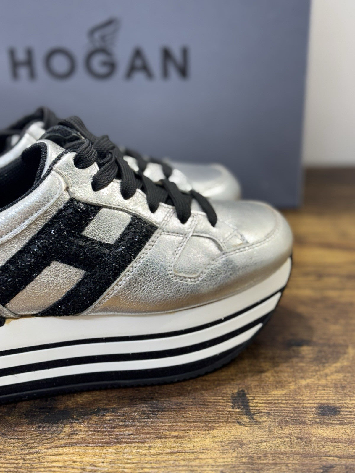 Hogan H283 Sneaker Zeppa Pelle Argento  Casual Hogan Donna 36