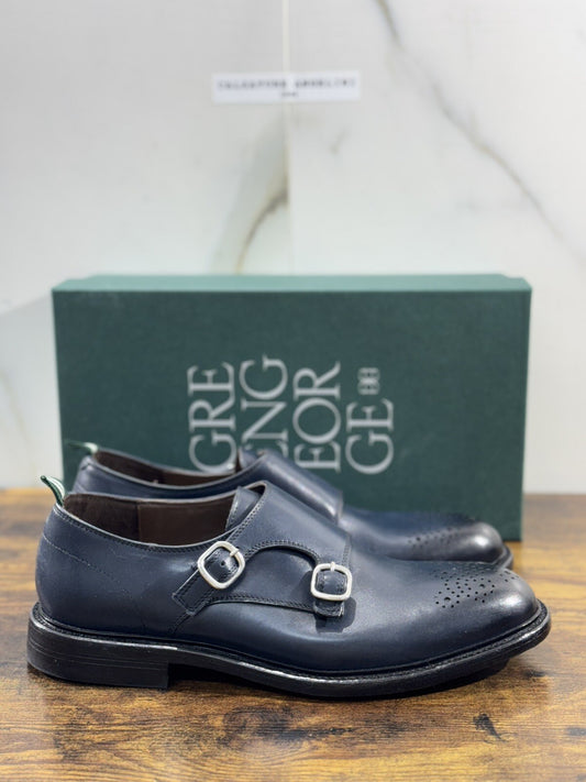 Green George Scarpa Uomo Doppia Fibbia Pelle Blu   Luxury Handmade 44
