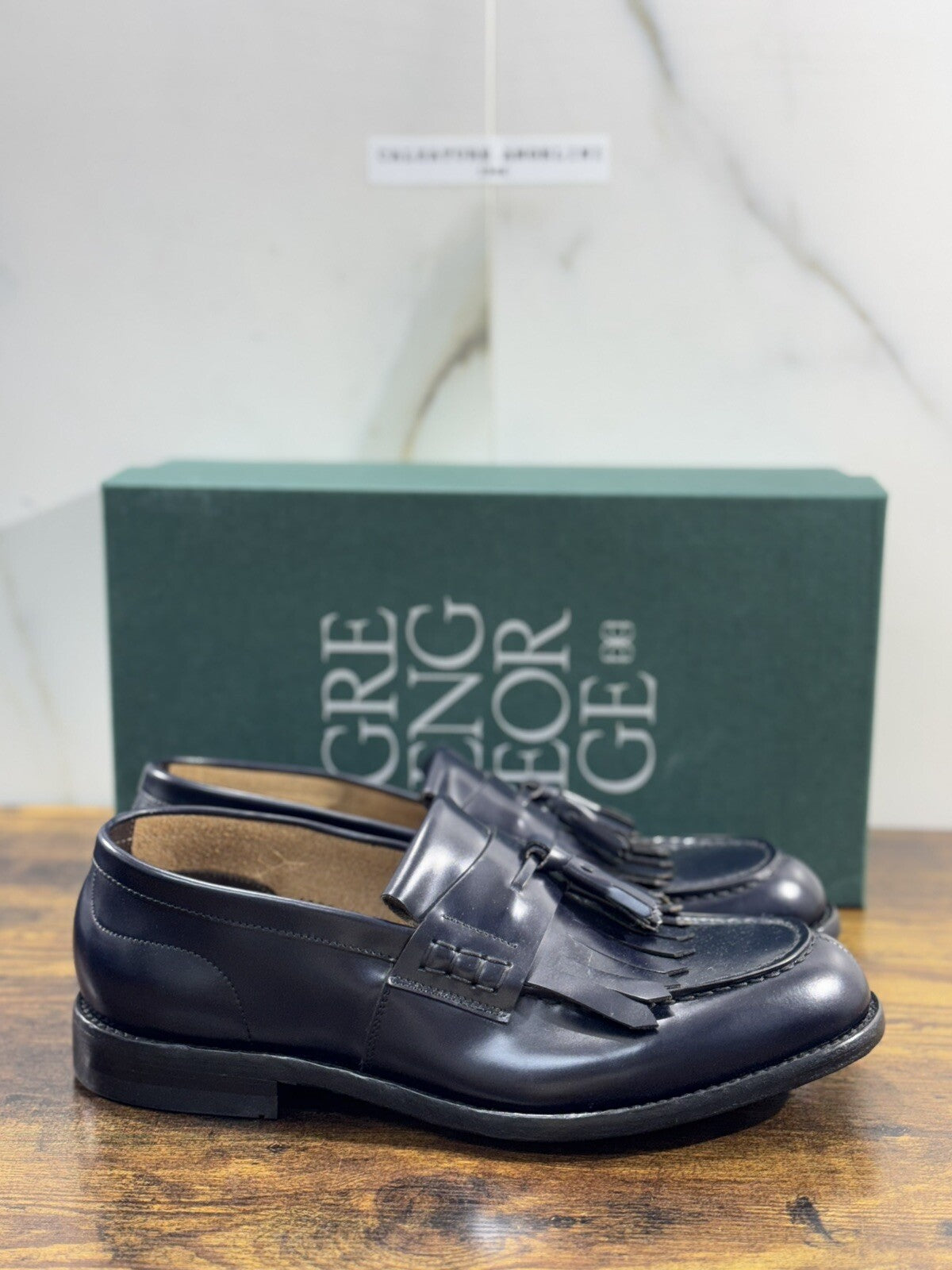 Green George Scarpa Uomo Mocassino  Nappine Pelle Blu    Luxury Handmade 42.5