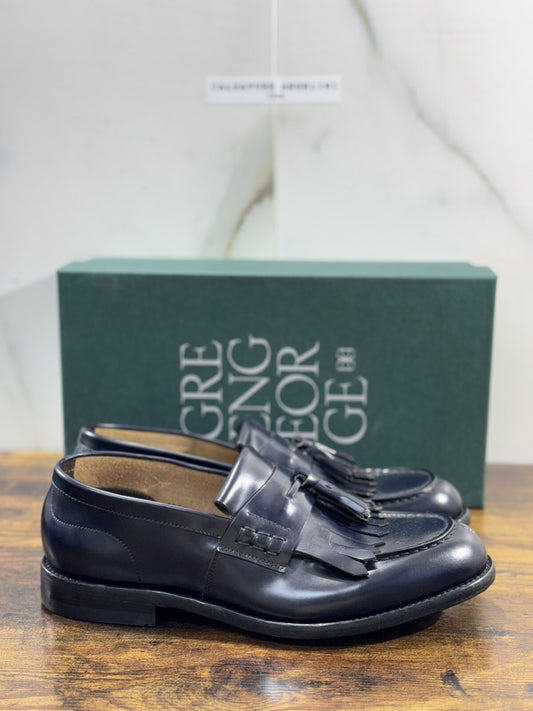 Green George Scarpa Uomo Mocassino  Nappine Pelle Blu    Luxury Handmade 42.5