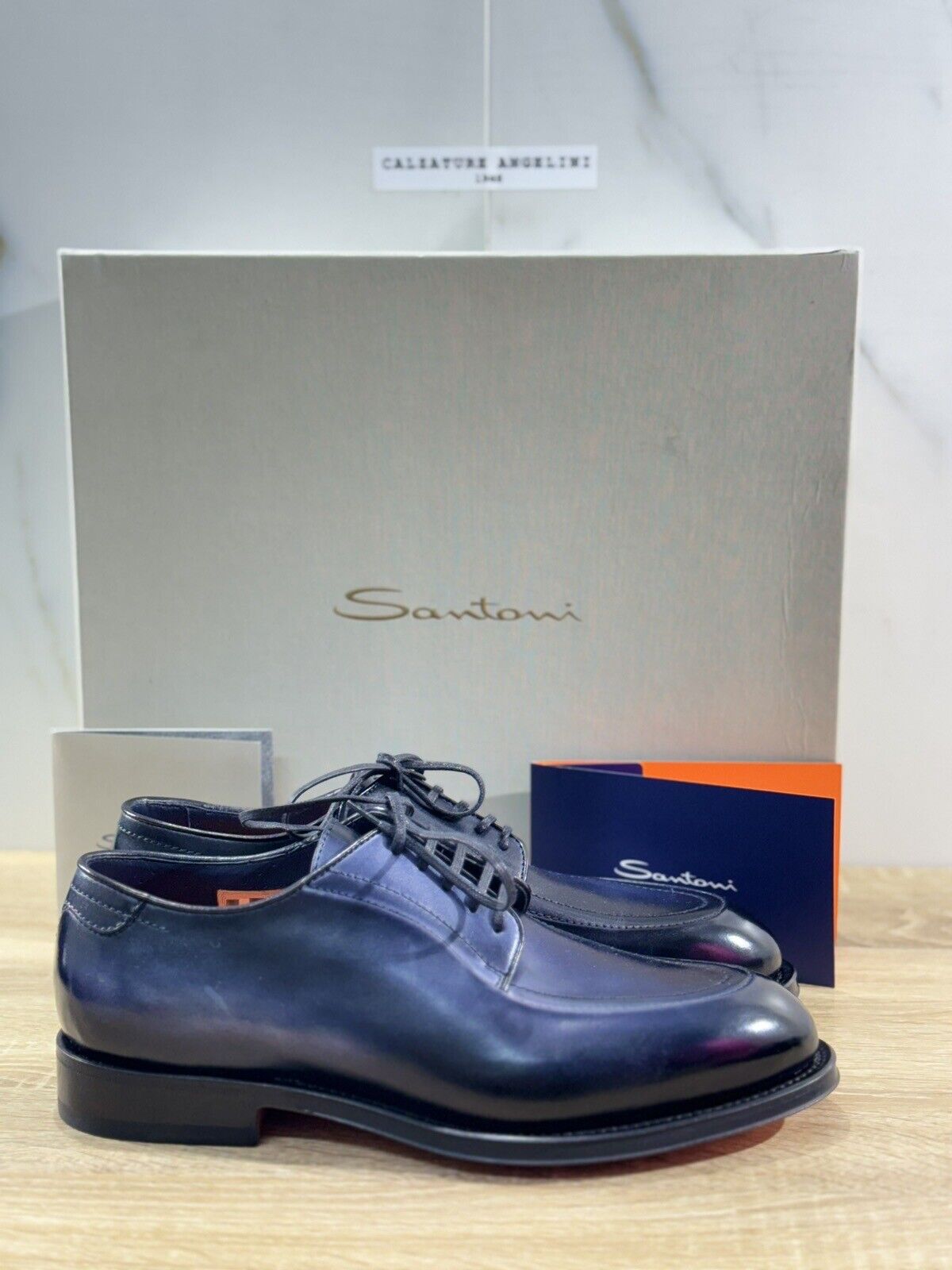 Santoni Stringata Derby  Uomo Icon Pelle Blu   Goodyear Luxury Men 40.5