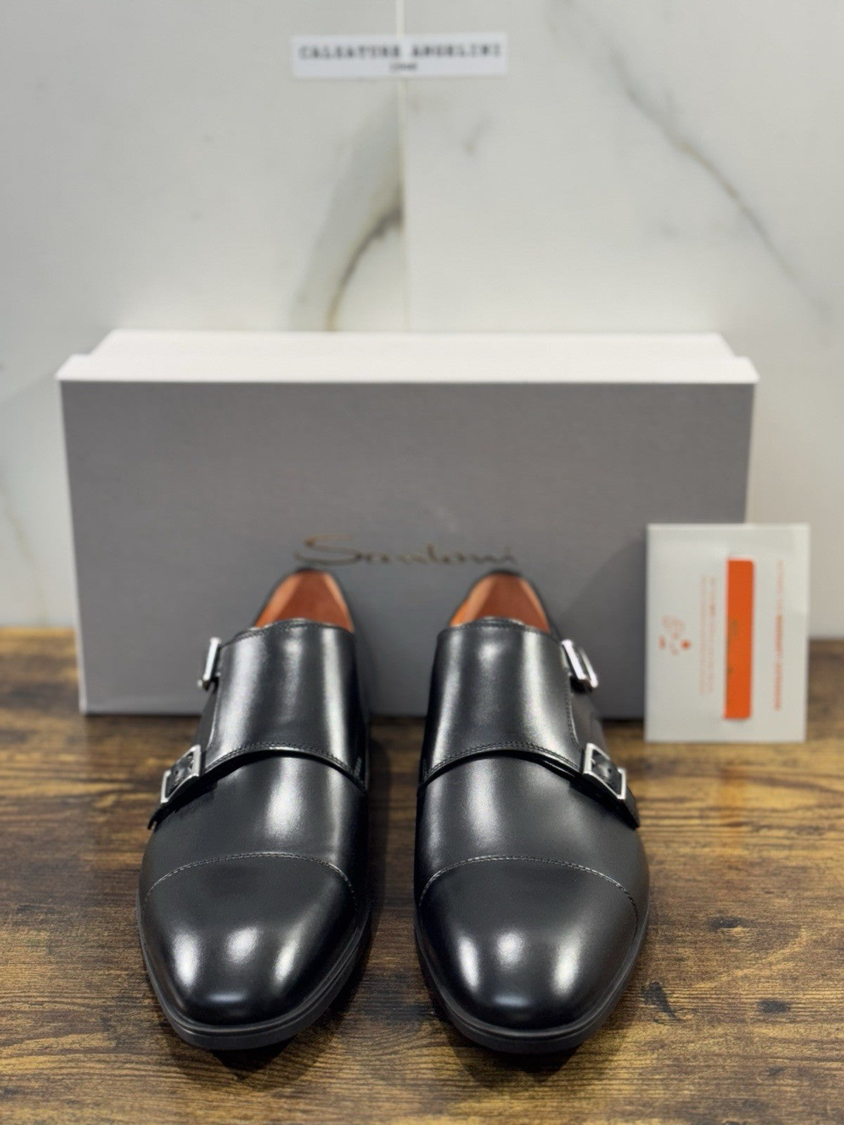Santoni Doppia Fibbia Pelle Nero Fondo Gomma     Luxury Santoni Scarpa Uomo 43.5