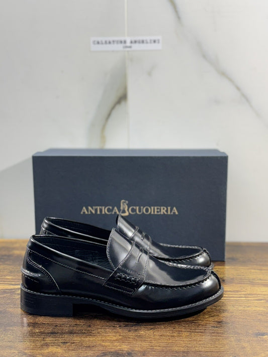 Antica Cuoieria Mocassino Donna College Pelle Nera Fondo Gomma Made In Italy 36