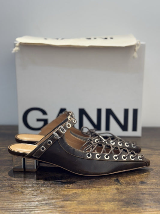 Ganni Mule Lace Up Pelle Marrone Casual Ganni Scarpa Donna 38