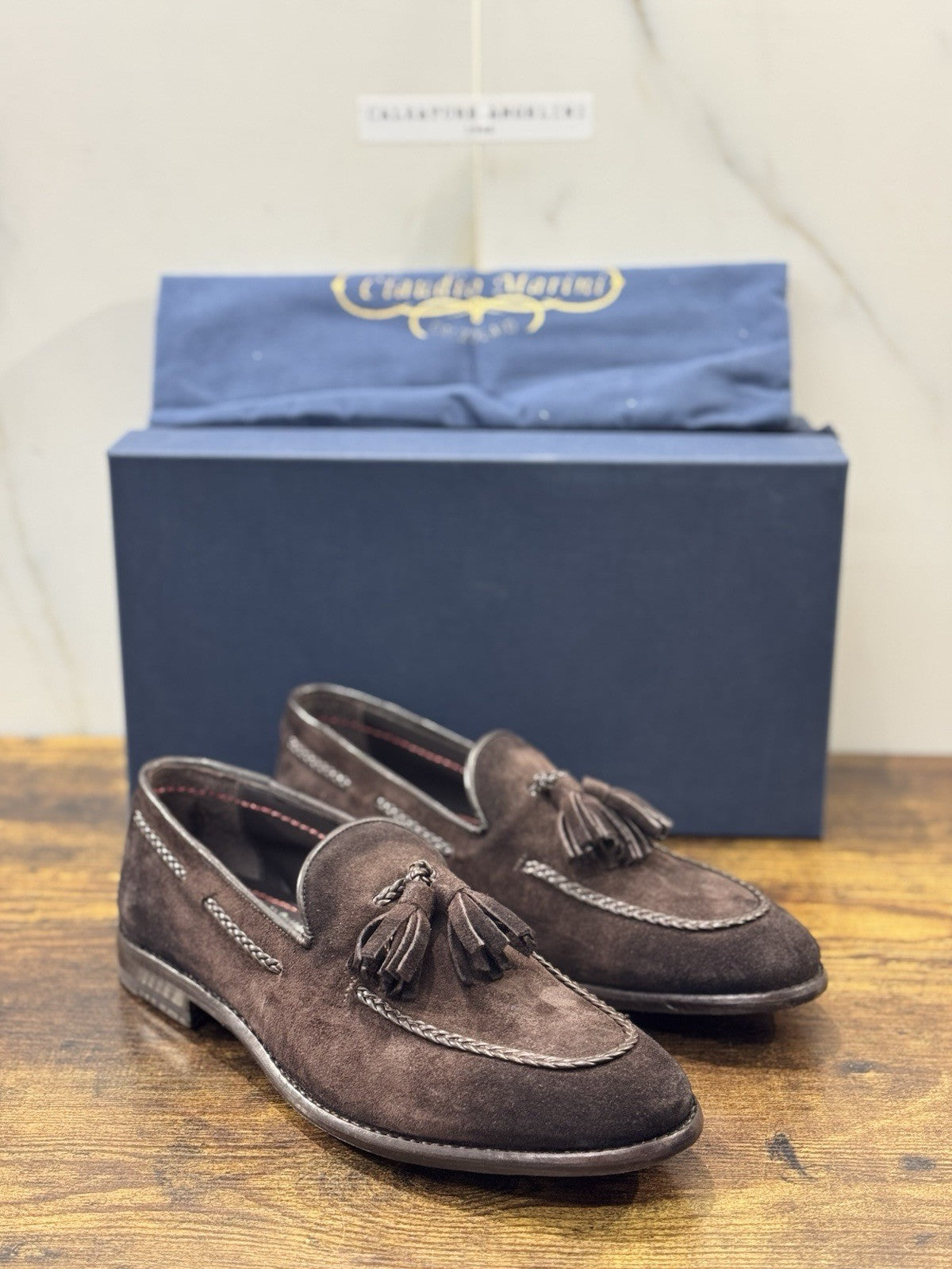 Claudio Marini Calzolaio Mocassino Fatto A Mano Suede Marrone Nappine Uomo 41