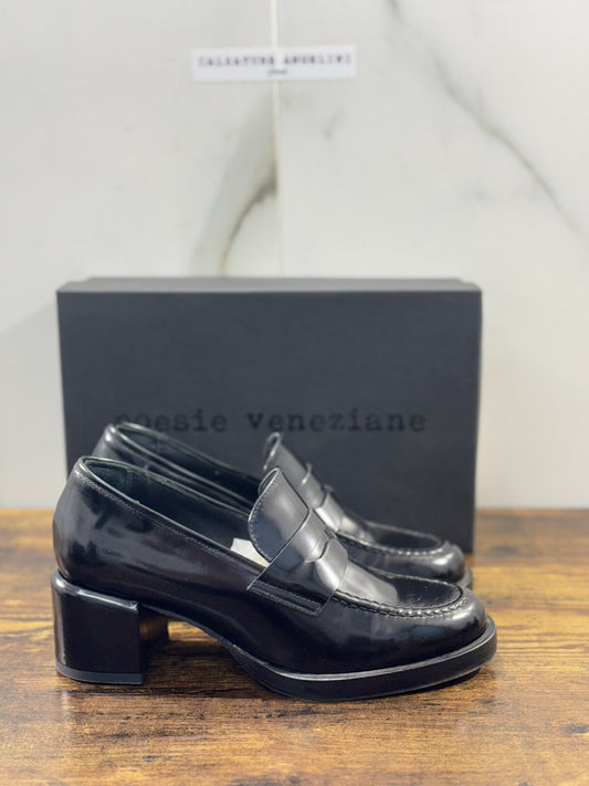 Poesie Veneziane Mocassino Donna Pelle Nera Con Tacco   Casual Loafer 41
