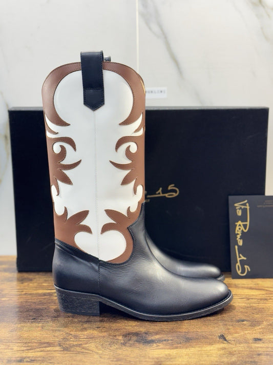 Via Roma 15 Texano Pelle Nero Noce Casual Texan Boot Donna 41