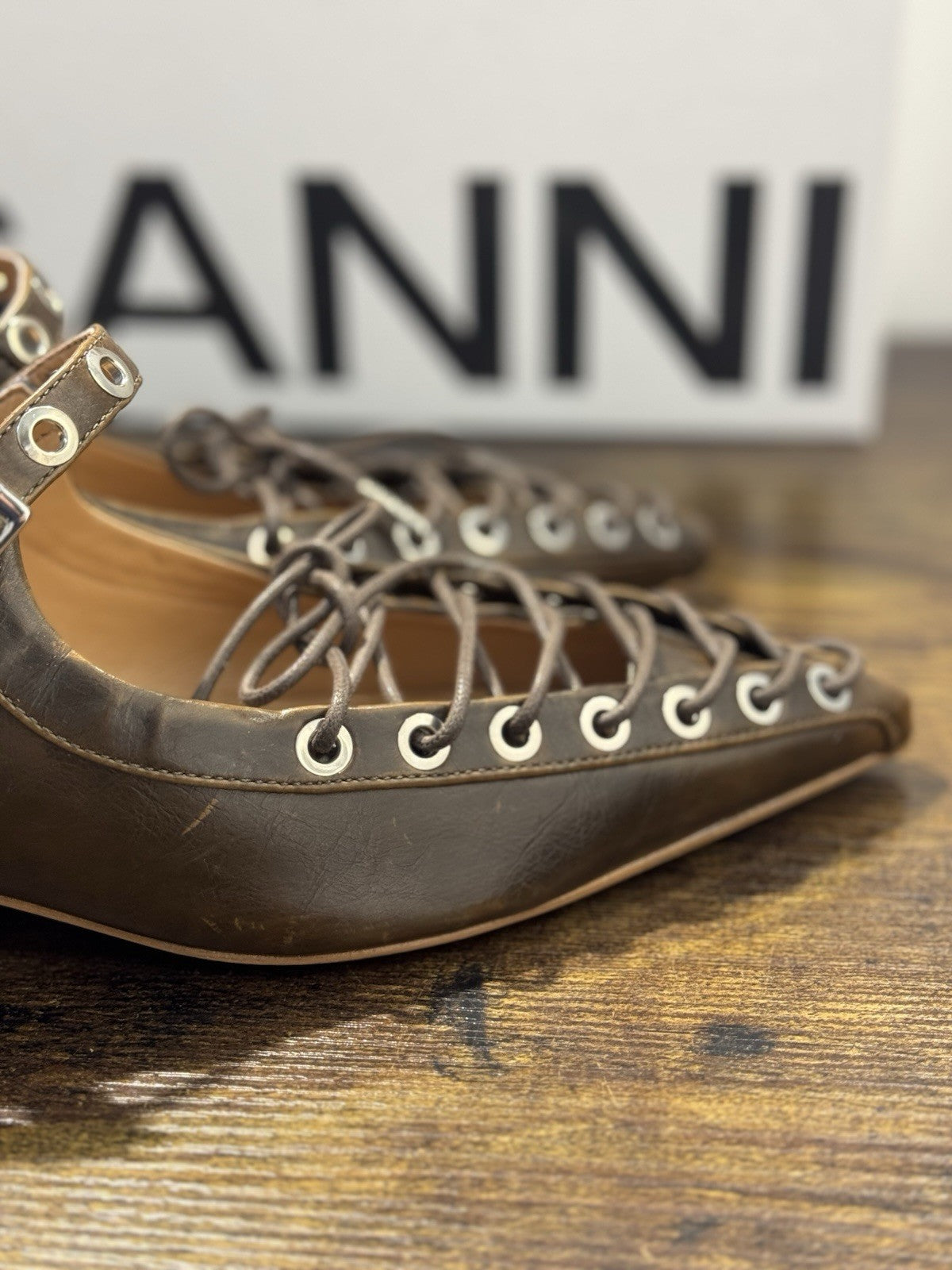 Ganni Mule Lace Up Pelle Marrone Casual Ganni Scarpa Donna 38