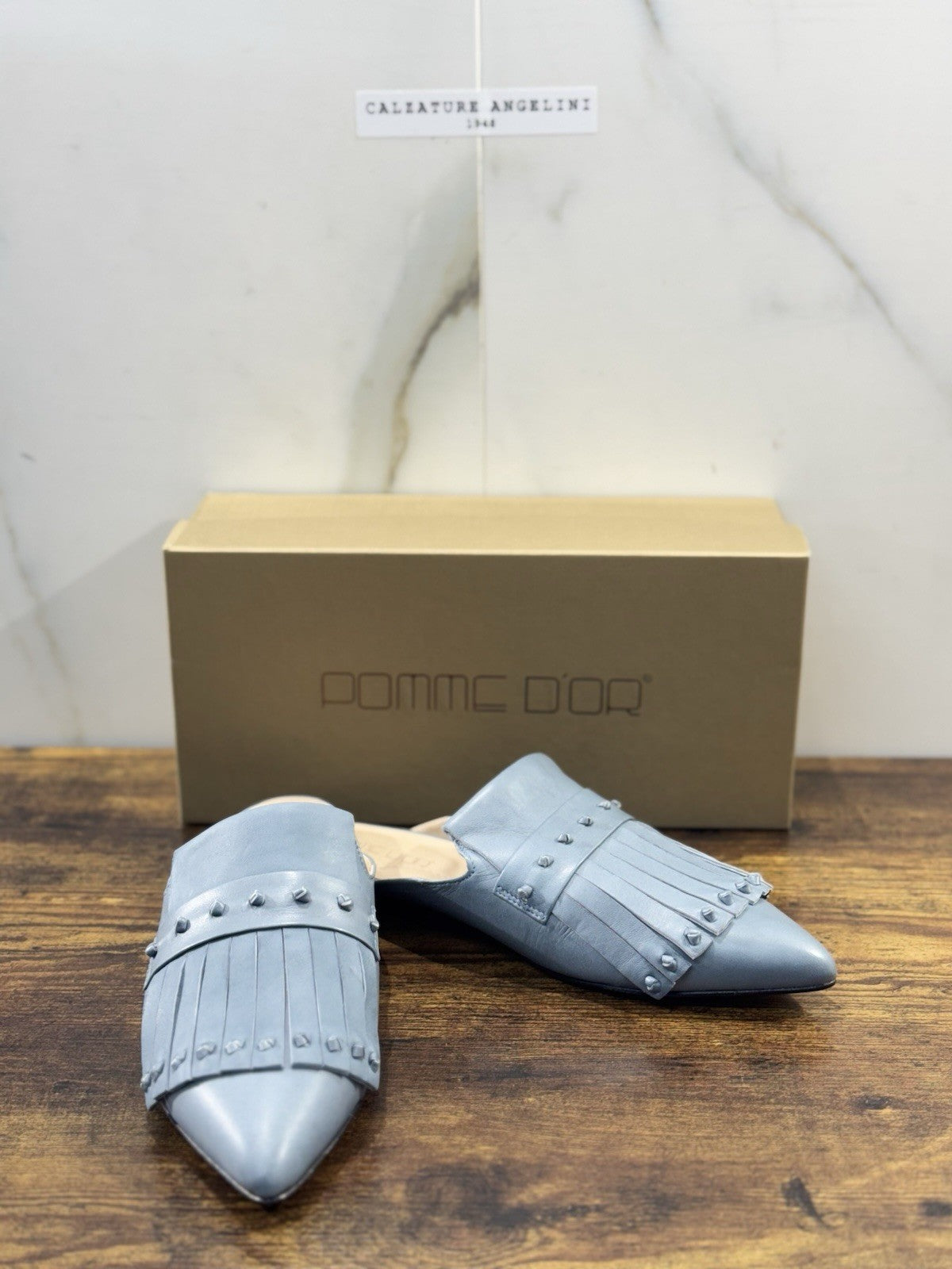Pomme D’or Mules  Pelle Dusty Blue    Luxury Handmade Woman Pomme D’or Donna 40