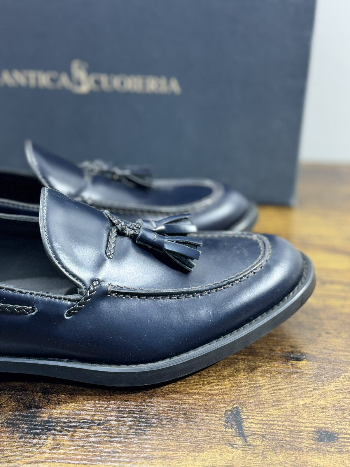 Antica Cuoieria Mocassino  Uomo Pelle Blu Fondo Gomma Causal Men Shoe 40