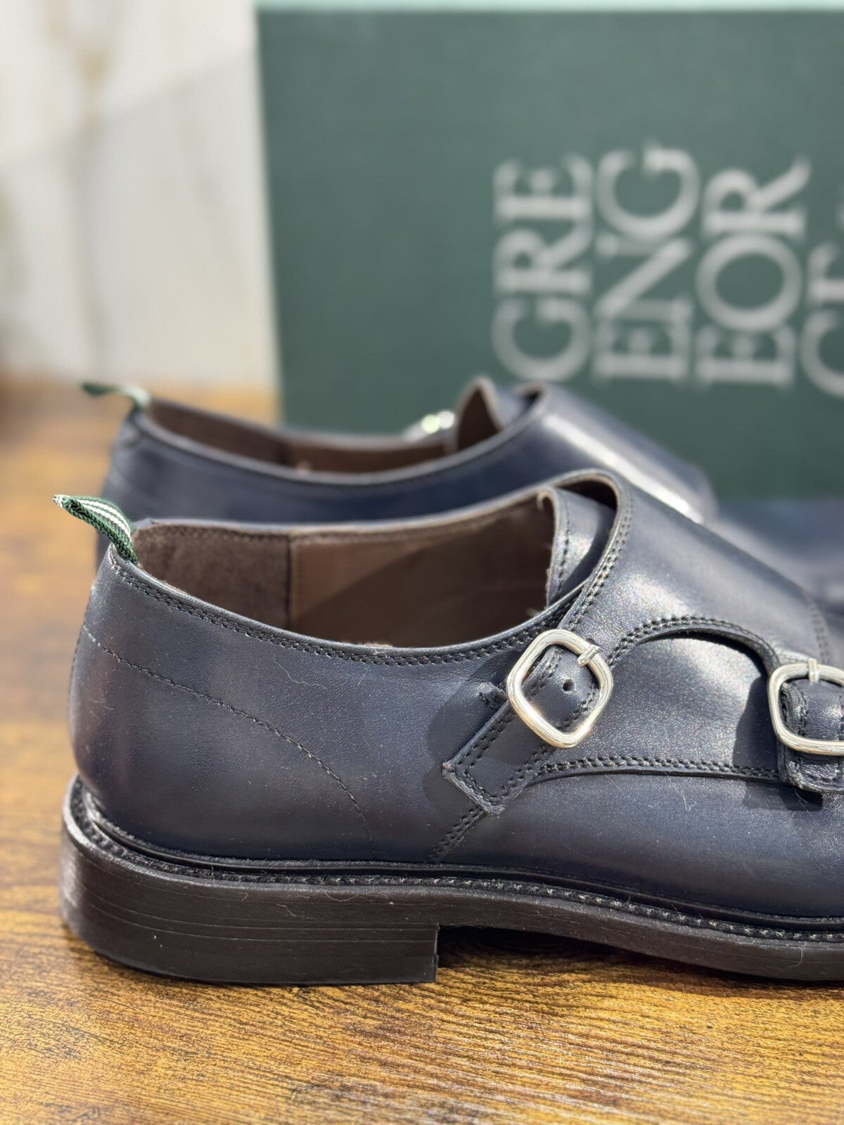 Green George Scarpa Uomo Doppia Fibbia Pelle Blu   Luxury Handmade 44