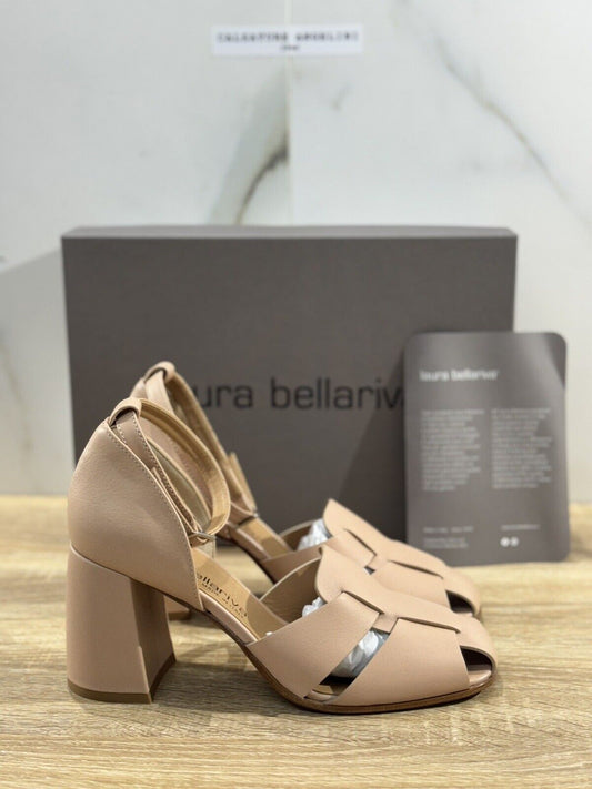 Laura Bellariva Sandalo Donna Pelle Beige Con Tacco Handmade In Italy 37