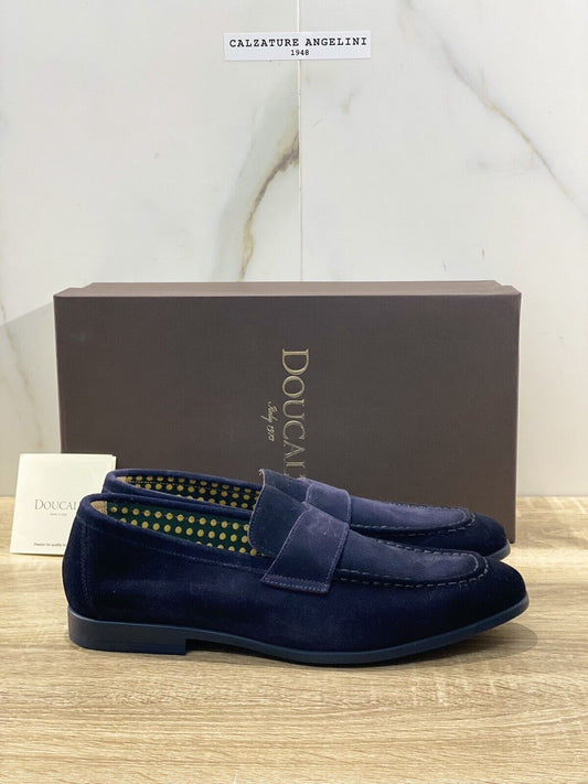 Doucal’s Mocassino Uomo Duke Suede Blu Ultra Flexible Luxury Men  40